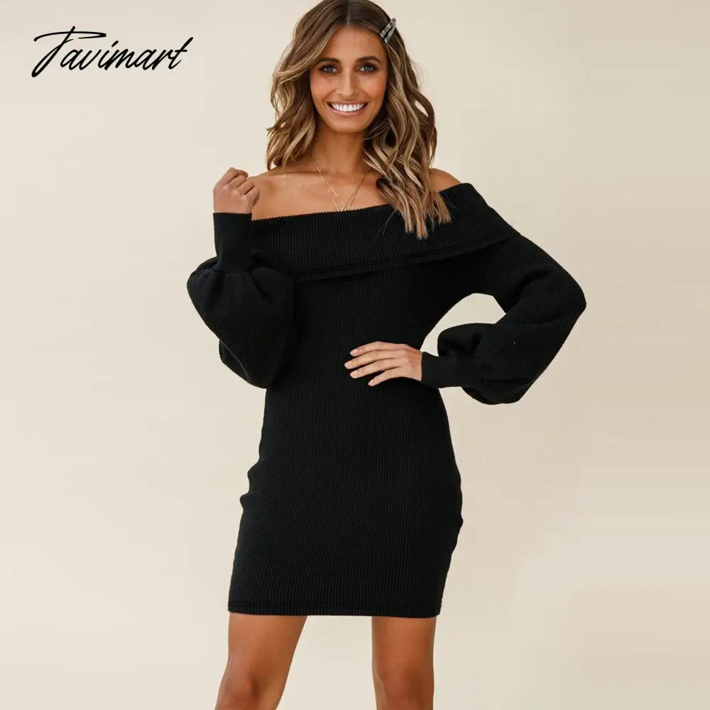 Autumn Female Long Sleeve Sexy Ribbed Knit Mini Bodycon Dresses Women Winter Solid Color Off Sleeve Knitted Short Sheath Dress