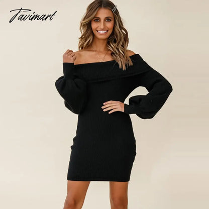 Autumn Female Long Sleeve Sexy Ribbed Knit Mini Bodycon Dresses Women Winter Solid Color Off Sleeve Knitted Short Sheath Dress