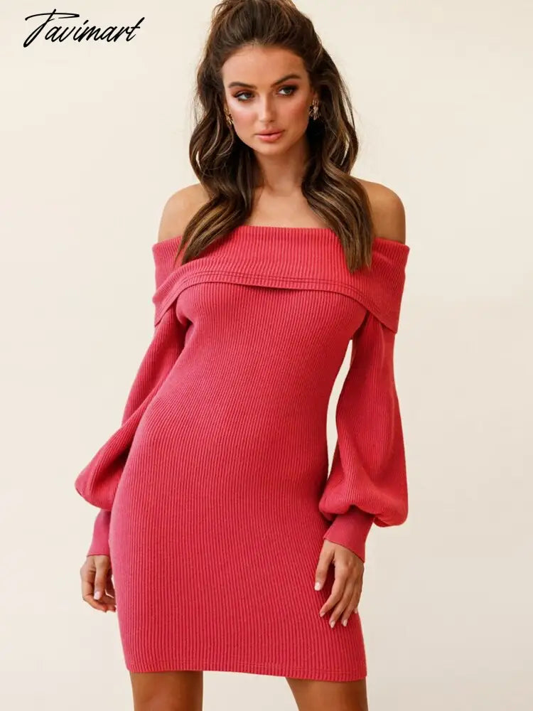 Autumn Female Long Sleeve Sexy Ribbed Knit Mini Bodycon Dresses Women Winter Solid Color Off Sleeve Knitted Short Sheath Dress