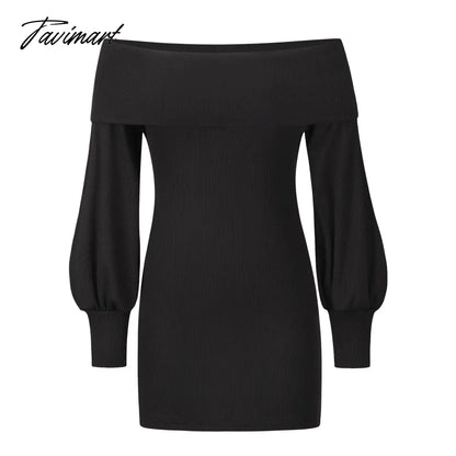 Autumn Female Long Sleeve Sexy Ribbed Knit Mini Bodycon Dresses Women Winter Solid Color Off Sleeve Knitted Short Sheath Dress