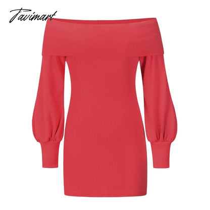 Autumn Female Long Sleeve Sexy Ribbed Knit Mini Bodycon Dresses Women Winter Solid Color Off Sleeve Knitted Short Sheath Dress