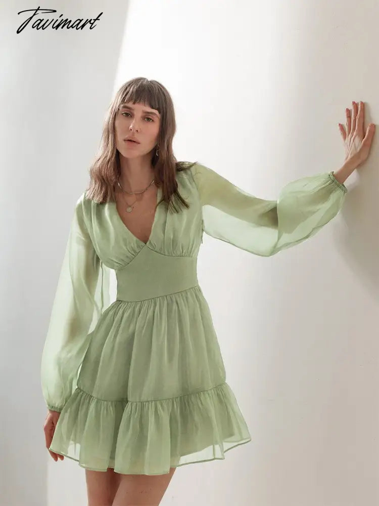 Autumn Female Solid Color V Neck Long Sleeve Mini Fairy Dresses Summer Women Elegant Short Birthday Dress