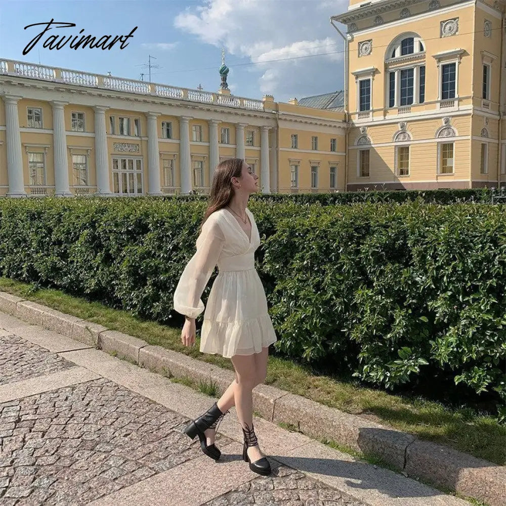 Autumn Female Solid Color V Neck Long Sleeve Mini Fairy Dresses Summer Women Elegant Short Birthday Dress