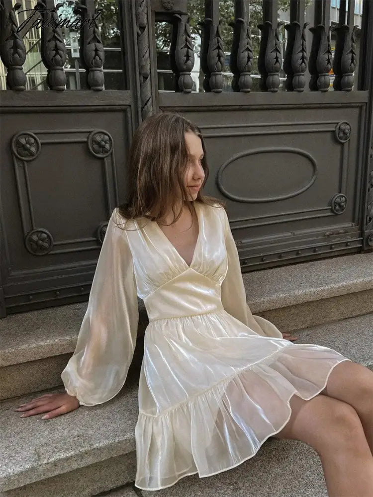 Autumn Female Solid Color V Neck Long Sleeve Mini Fairy Dresses Summer Women Elegant Short Birthday Dress