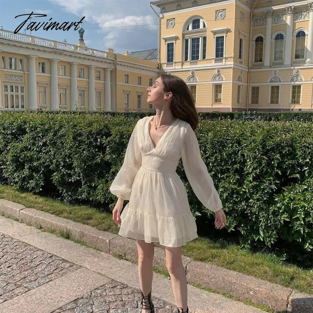 Autumn Female Solid Color V Neck Long Sleeve Mini Fairy Dresses Summer Women Elegant Short Birthday Dress