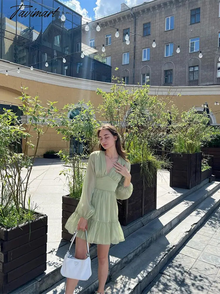 Autumn Female Solid Color V Neck Long Sleeve Mini Fairy Dresses Summer Women Elegant Short Birthday Dress