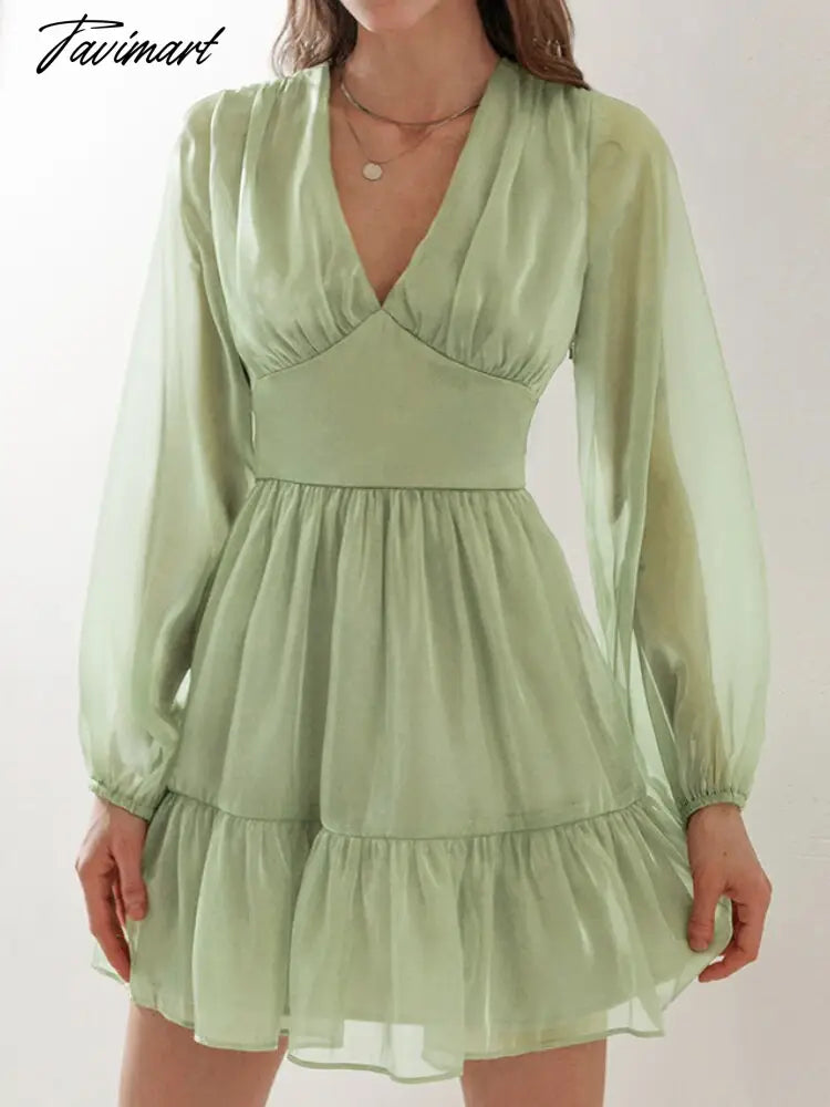 Autumn Female Solid Color V Neck Long Sleeve Mini Fairy Dresses Summer Women Elegant Short Birthday Dress