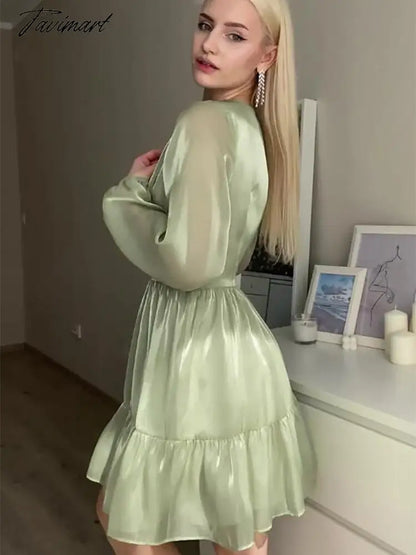 Autumn Female Solid Color V Neck Long Sleeve Mini Fairy Dresses Summer Women Elegant Short Birthday Dress