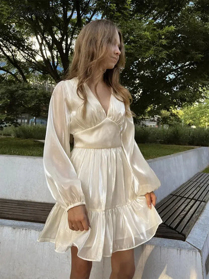 Autumn Female Solid Color V Neck Long Sleeve Mini Fairy Dresses Summer Women Elegant Short Birthday Dress