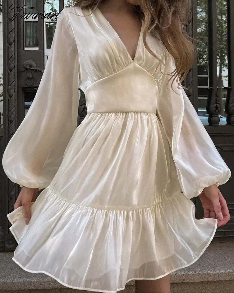 Autumn Female Solid Color V Neck Long Sleeve Mini Fairy Dresses Summer Women Elegant Short Birthday Dress