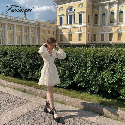 Autumn Female Solid Color V Neck Long Sleeve Mini Fairy Dresses Summer Women Elegant Short Birthday Dress