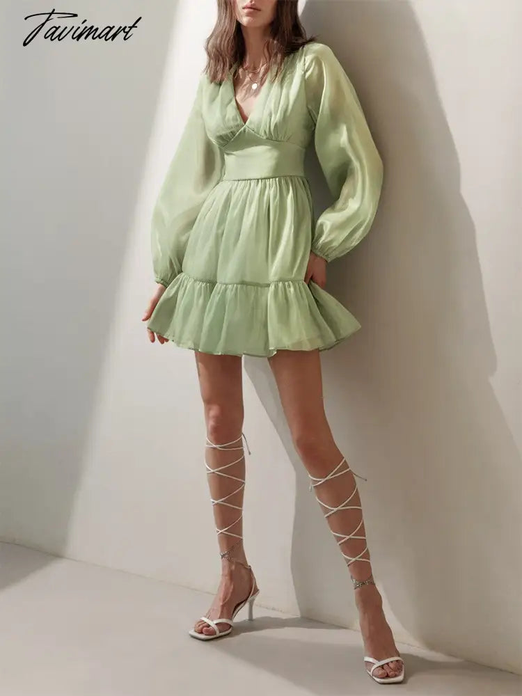 Autumn Female Solid Color V Neck Long Sleeve Mini Fairy Dresses Summer Women Elegant Short Birthday Dress