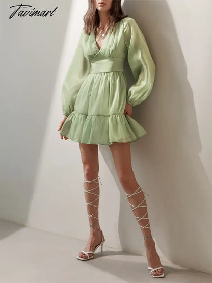 Autumn Female Solid Color V Neck Long Sleeve Mini Fairy Dresses Summer Women Elegant Short Birthday Dress