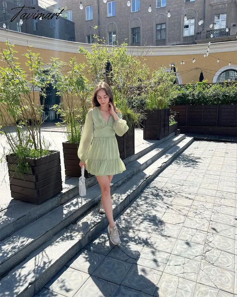 Autumn Female Solid Color V Neck Long Sleeve Mini Fairy Dresses Summer Women Elegant Short Birthday Dress