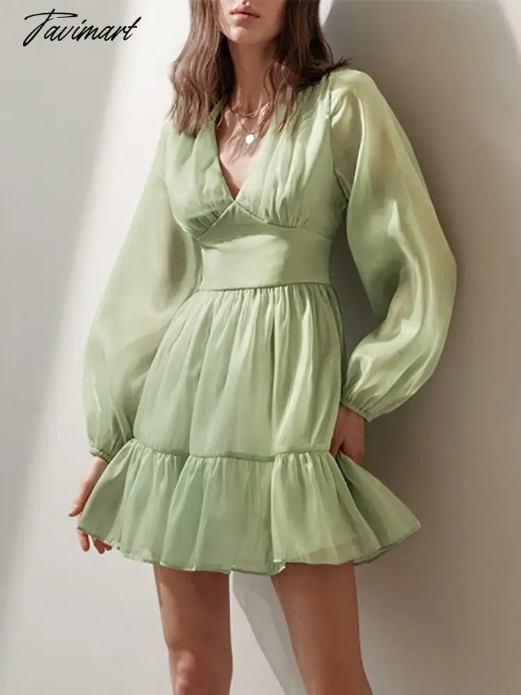 Autumn Female Solid Color V Neck Long Sleeve Mini Fairy Dresses Summer Women Elegant Short Birthday Dress