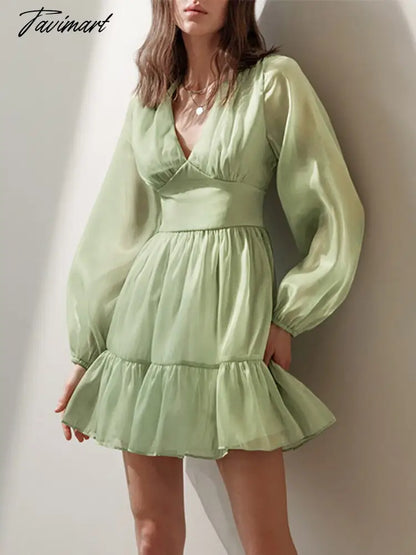Autumn Female Solid Color V Neck Long Sleeve Mini Fairy Dresses Summer Women Elegant Short Birthday Dress