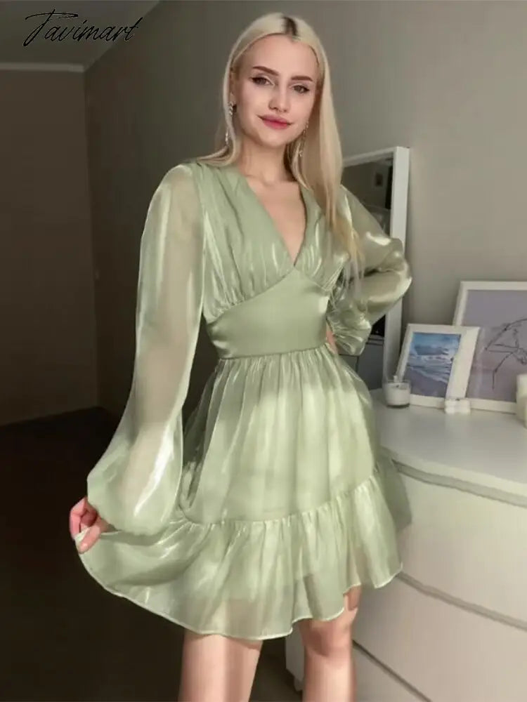 Autumn Female Solid Color V Neck Long Sleeve Mini Fairy Dresses Summer Women Elegant Short Birthday Dress