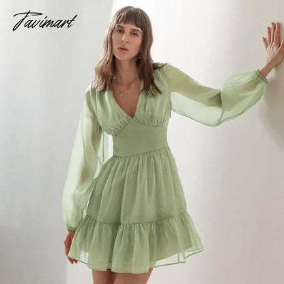 Autumn Female Solid Color V Neck Long Sleeve Mini Fairy Dresses Summer Women Elegant Short Birthday Dress