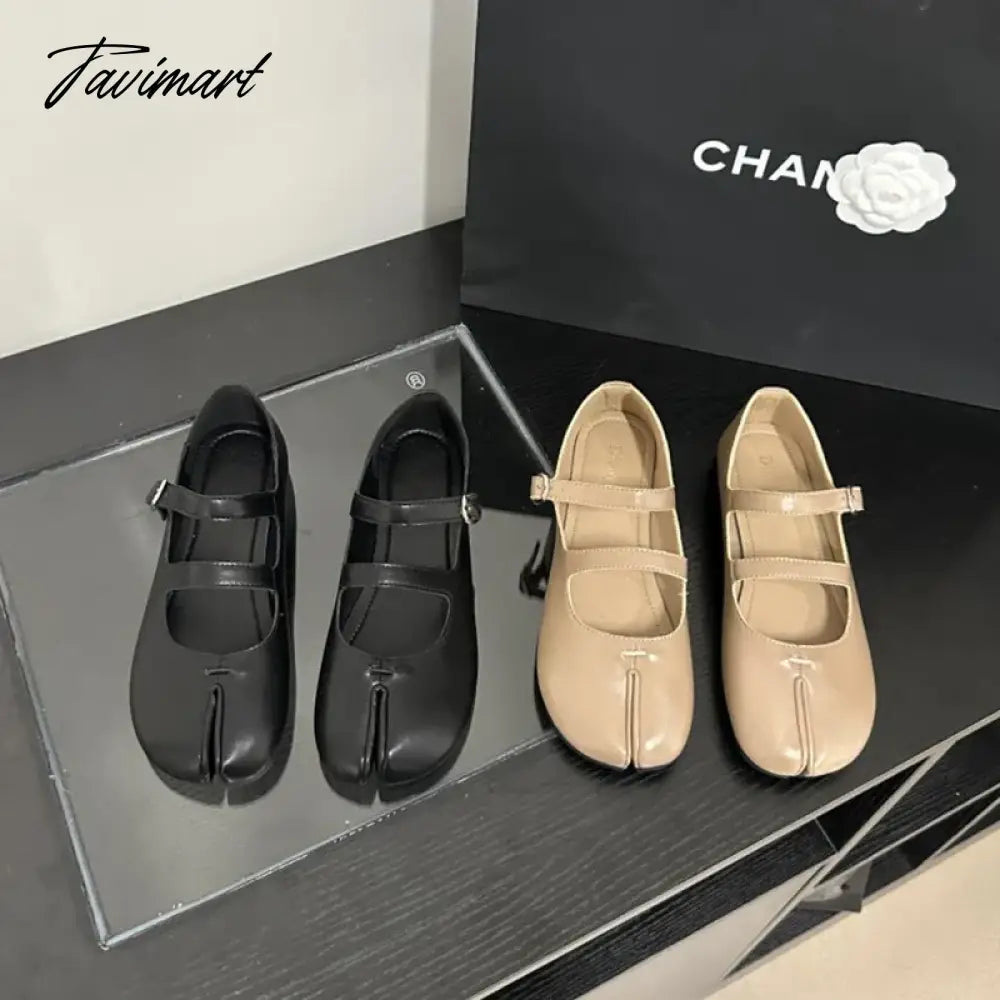 Autumn French Style PU Tabi Ninja Moccasins Round Split Toe Shallow Women Single Shoes Slip on Female Casual Soft Loafers