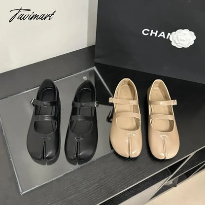 Autumn French Style PU Tabi Ninja Moccasins Round Split Toe Shallow Women Single Shoes Slip on Female Casual Soft Loafers