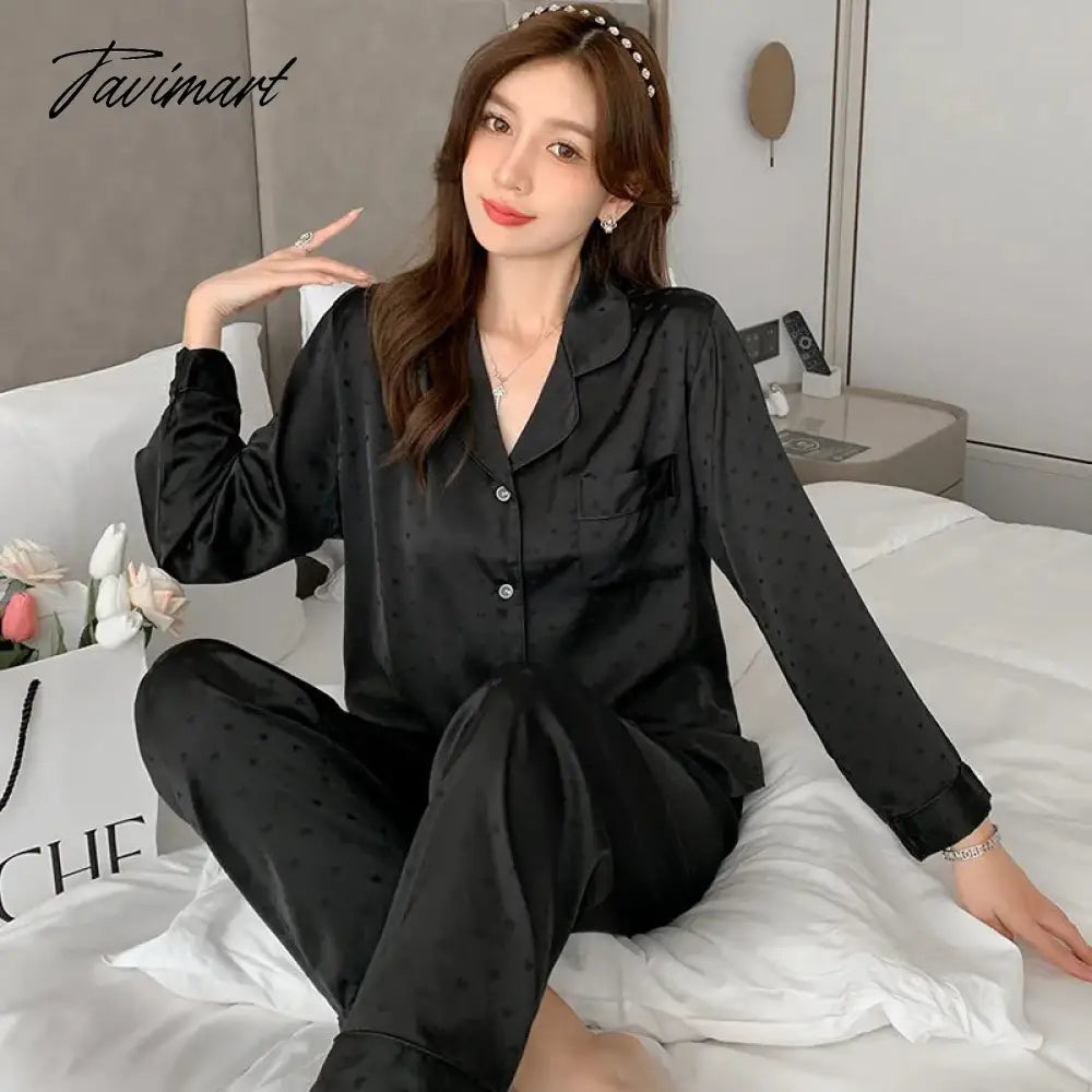 Autumn ice silk jacquard long sleeve pants thin pajamas women solid color casual sexy cardigan pocket suit home clothing women