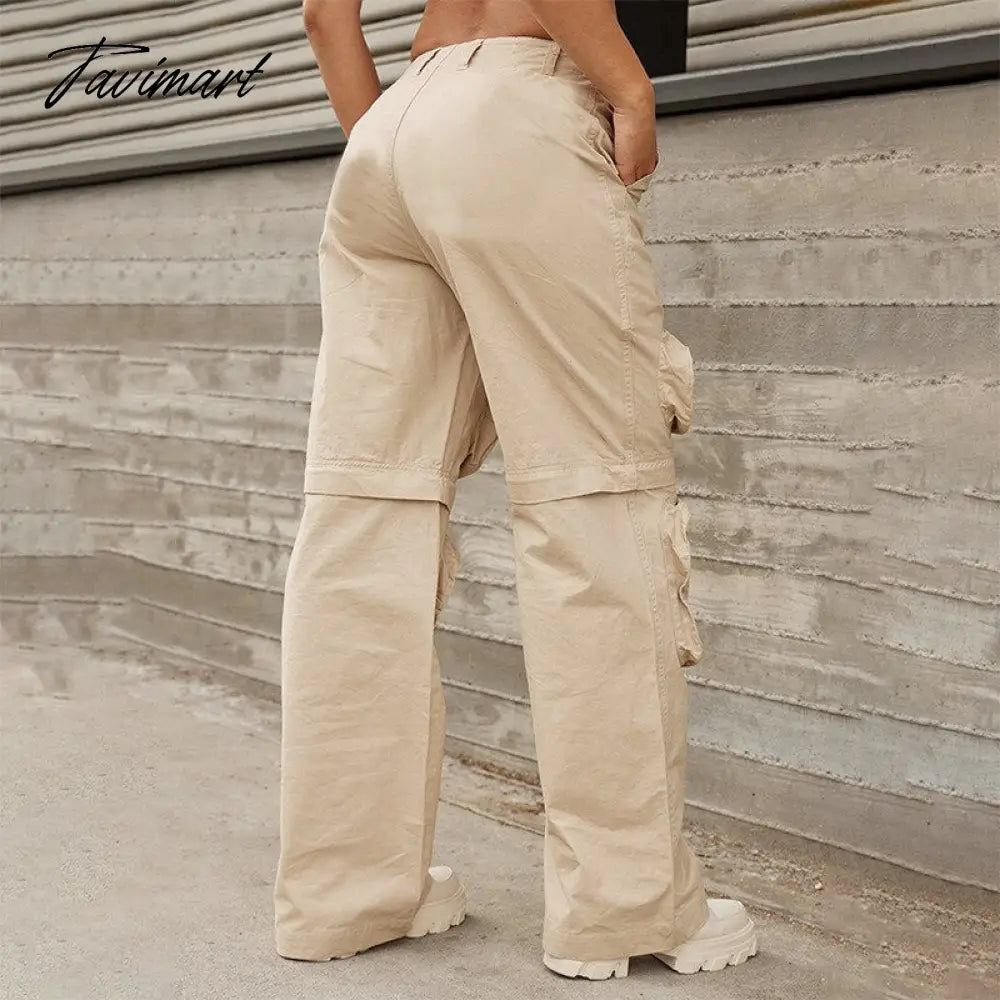 Autumn Solid Cargo Pants for Women Multi Pockets Detachable Trouser Legs Button Fly High Waist Casual Streetwear Bottoms