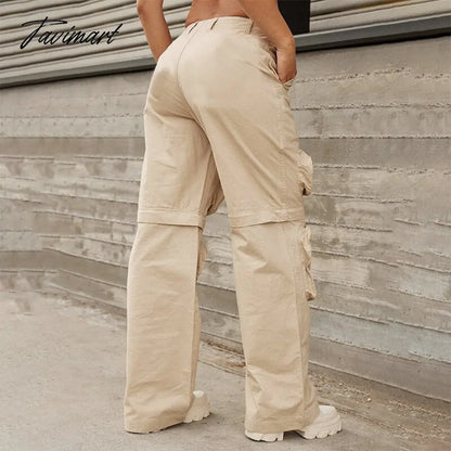 Autumn Solid Cargo Pants for Women Multi Pockets Detachable Trouser Legs Button Fly High Waist Casual Streetwear Bottoms