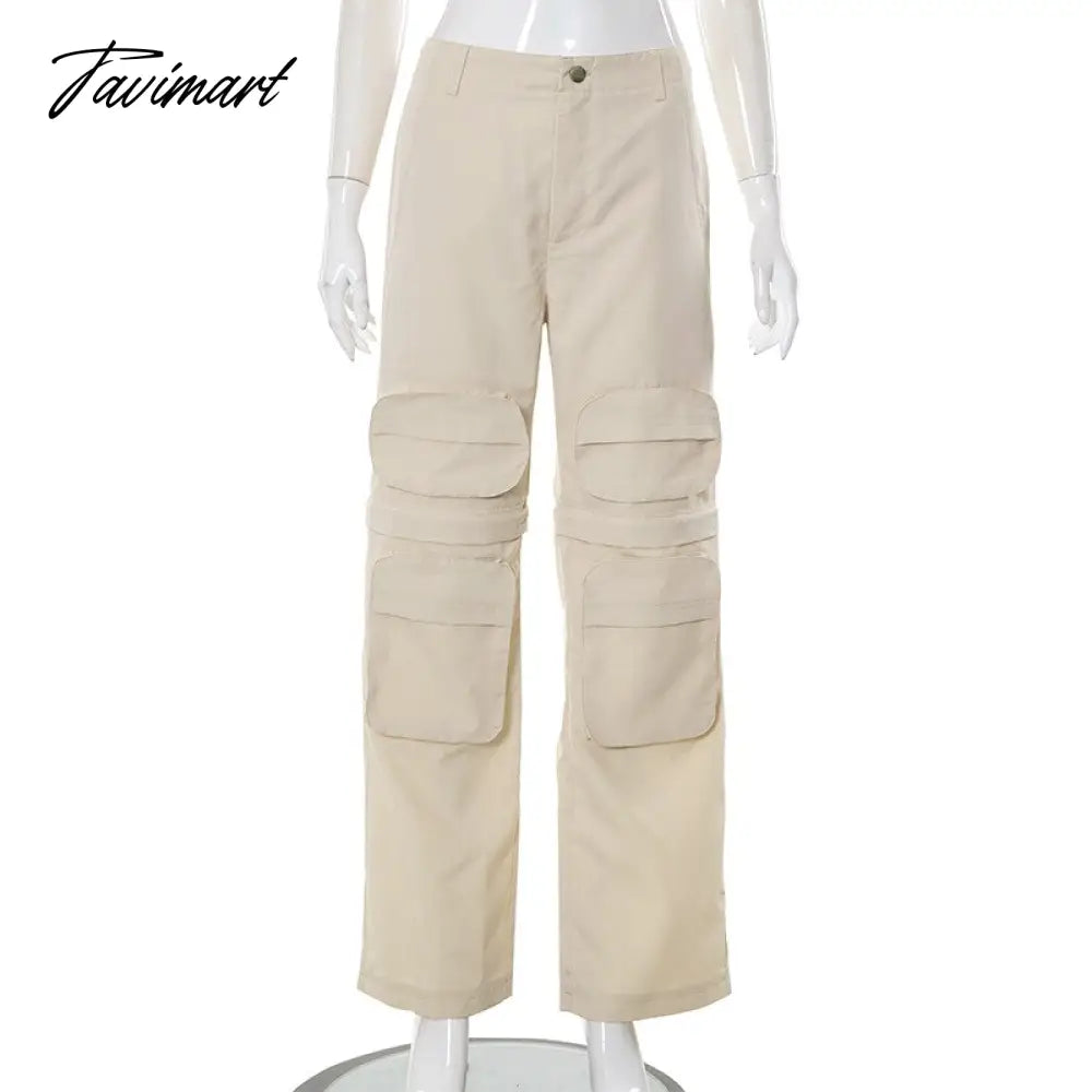 Autumn Solid Cargo Pants for Women Multi Pockets Detachable Trouser Legs Button Fly High Waist Casual Streetwear Bottoms
