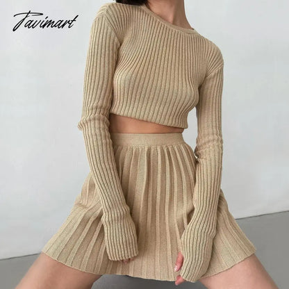 Autumn Winter Green Knitted Skirt 2 Pieces Sets Women Suits Long Sleeve Slim Crop Top Sweater and Pleated Skirt Matching Sets