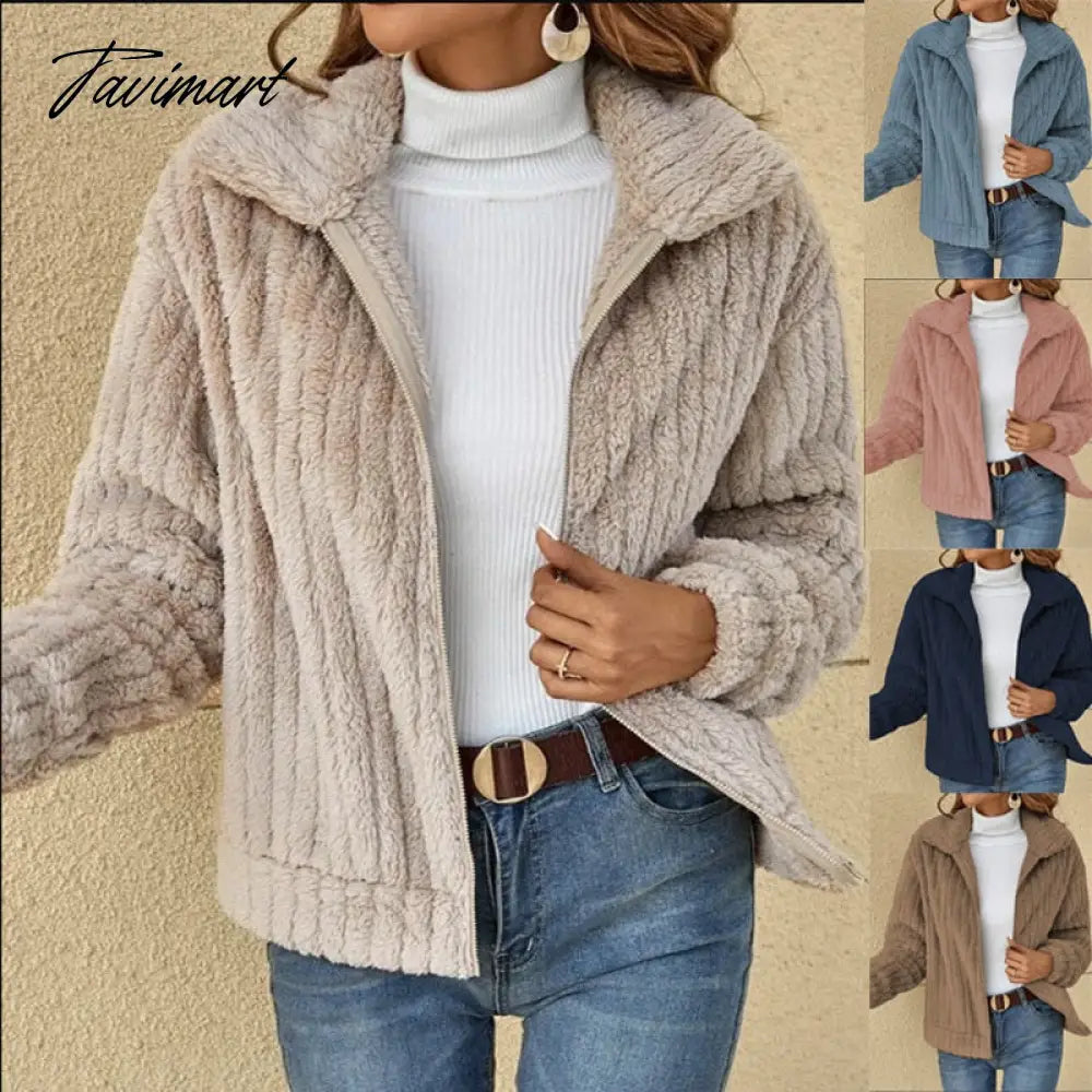 Autumn Winter New Fashion Women'S Warm Plush Zipper Top Cardigan Jacket Ladies Coat Jacket Casual Turn Down Collar Short Jacket