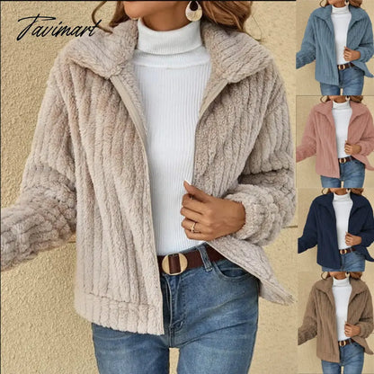 Autumn Winter New Fashion Women'S Warm Plush Zipper Top Cardigan Jacket Ladies Coat Jacket Casual Turn Down Collar Short Jacket