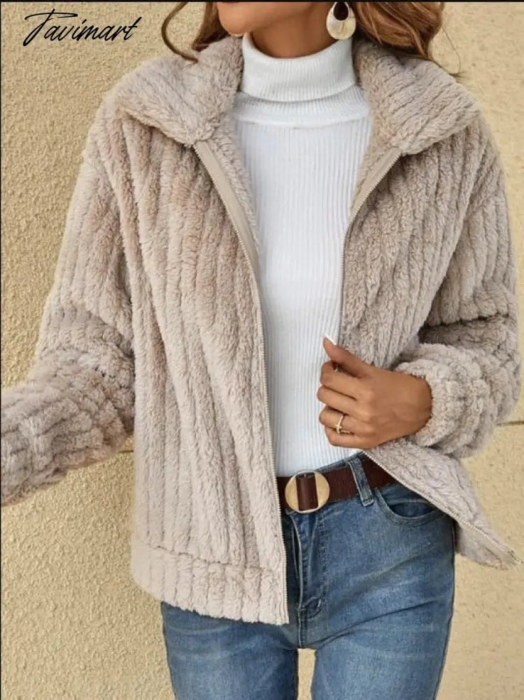 Autumn Winter New Fashion Women'S Warm Plush Zipper Top Cardigan Jacket Ladies Coat Jacket Casual Turn Down Collar Short Jacket