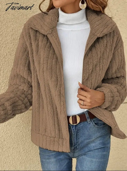 Autumn Winter New Fashion Women'S Warm Plush Zipper Top Cardigan Jacket Ladies Coat Jacket Casual Turn Down Collar Short Jacket