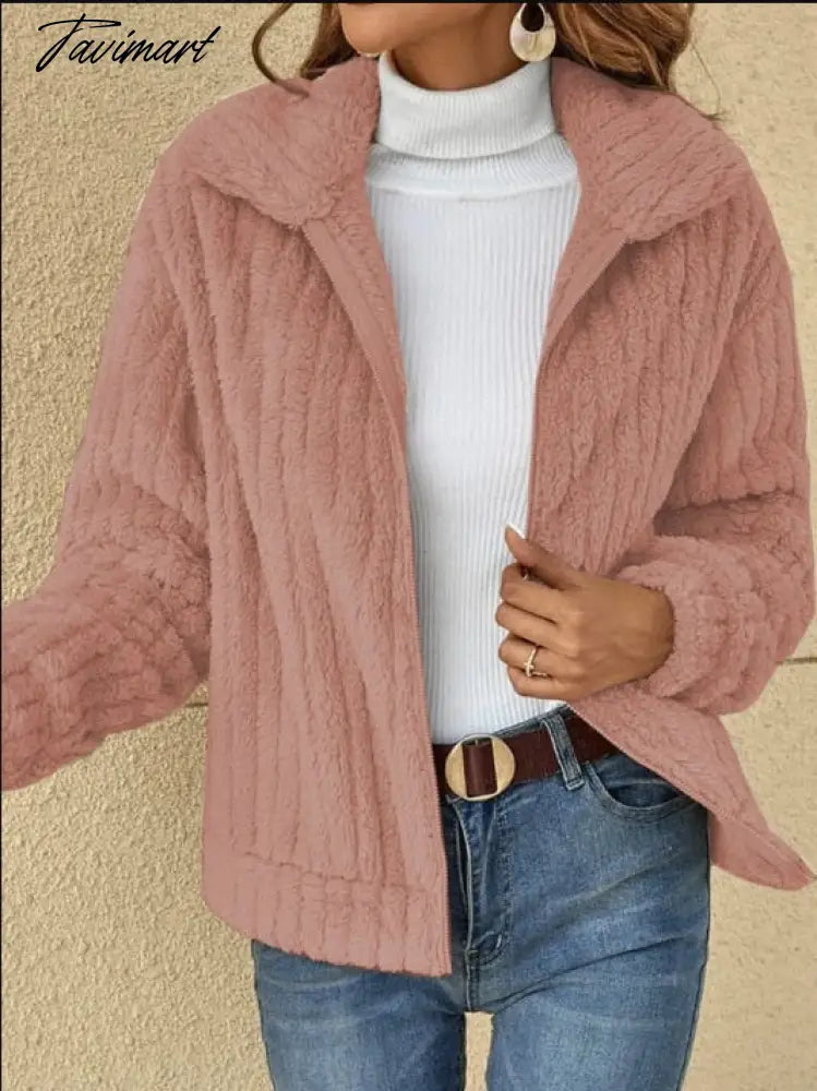 Autumn Winter New Fashion Women'S Warm Plush Zipper Top Cardigan Jacket Ladies Coat Jacket Casual Turn Down Collar Short Jacket