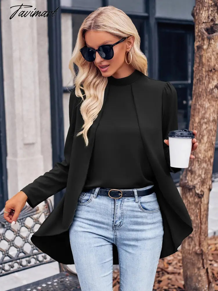 Autumn Winter Women Casual Elegance Tops Lady Fashion Solid Color Half High Neck Long Sleeve Slim Fit Fake Two Schiffon Shirts