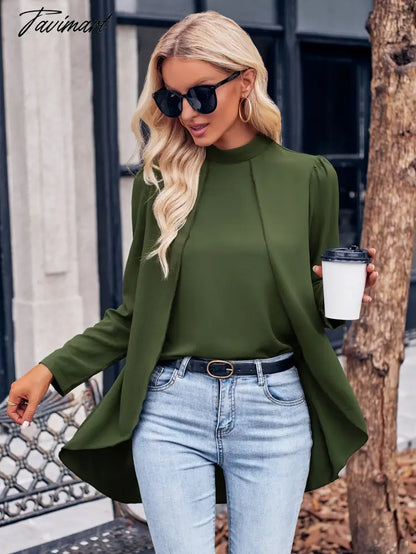 Autumn Winter Women Casual Elegance Tops Lady Fashion Solid Color Half High Neck Long Sleeve Slim Fit Fake Two Schiffon Shirts