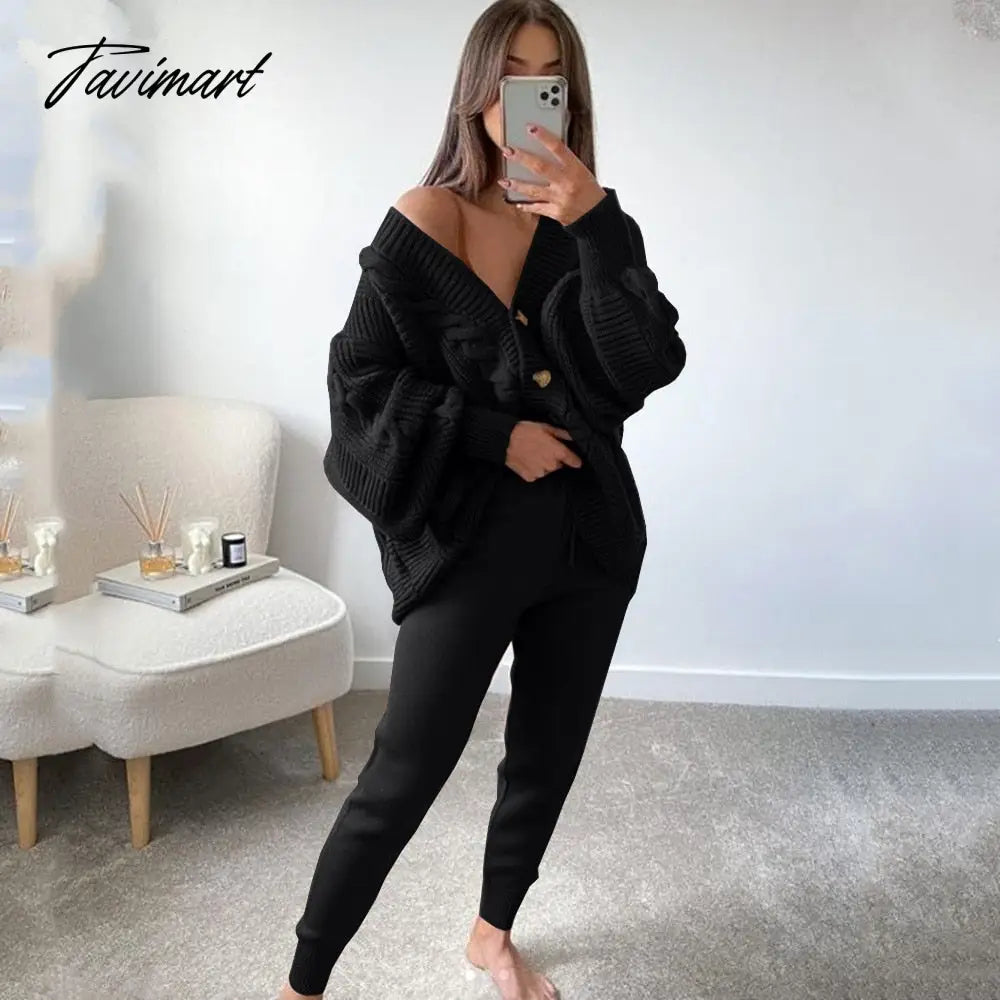 Autumn Winter Women'S Knitted Pant Suit Lady Long Sleeve V Neck Solid Color Cardigan Sweater Pants Set Casual Two Piece Set
