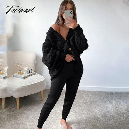 Autumn Winter Women'S Knitted Pant Suit Lady Long Sleeve V Neck Solid Color Cardigan Sweater Pants Set Casual Two Piece Set
