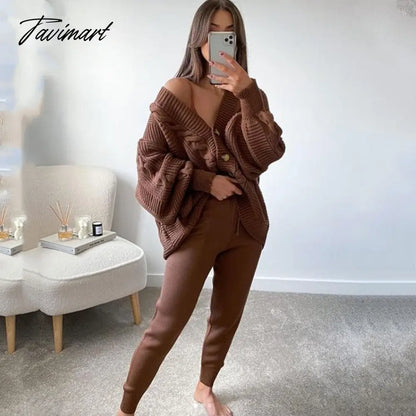 Autumn Winter Women'S Knitted Pant Suit Lady Long Sleeve V Neck Solid Color Cardigan Sweater Pants Set Casual Two Piece Set