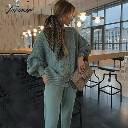 Autumn Winter Women'S Knitted Pant Suit Lady Long Sleeve V Neck Solid Color Cardigan Sweater Pants Set Casual Two Piece Set
