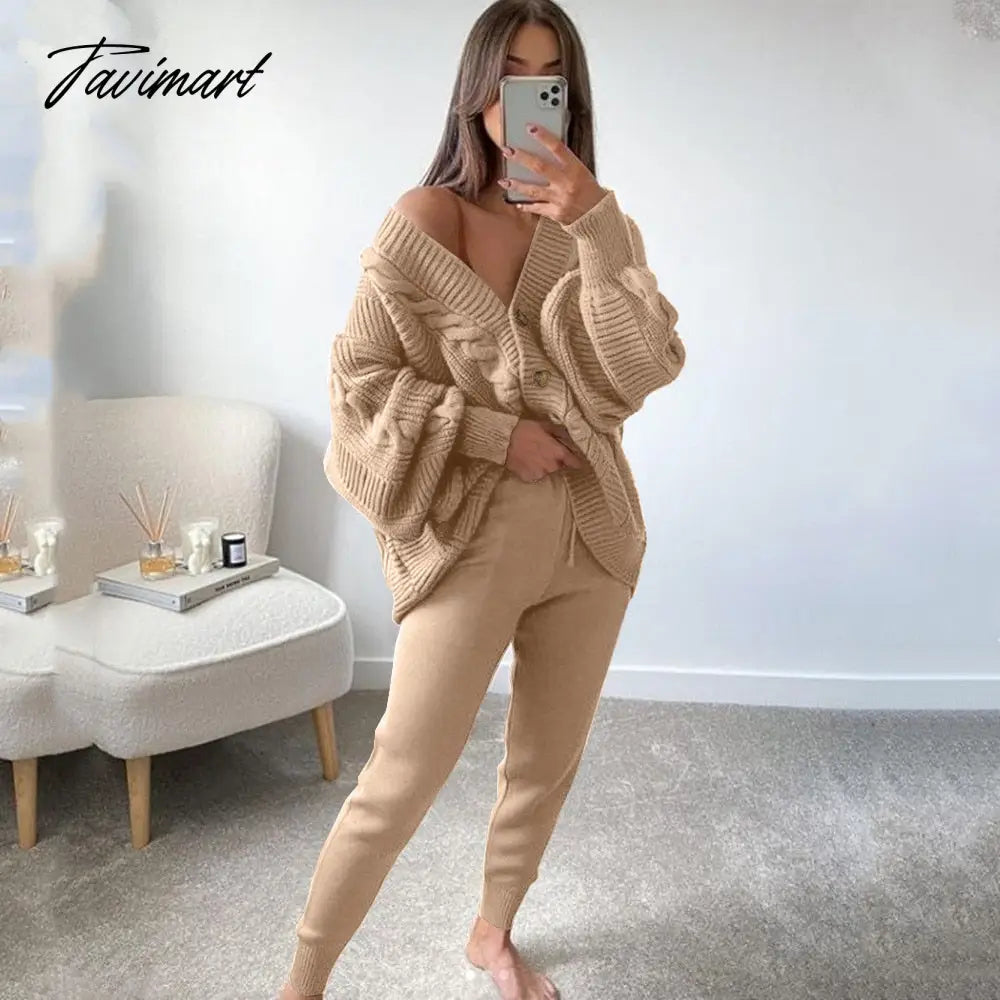 Autumn Winter Women'S Knitted Pant Suit Lady Long Sleeve V Neck Solid Color Cardigan Sweater Pants Set Casual Two Piece Set