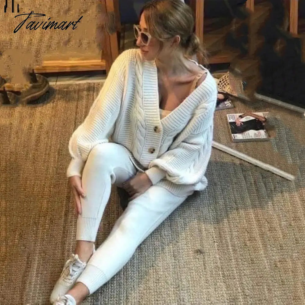 Autumn Winter Women'S Knitted Pant Suit Lady Long Sleeve V Neck Solid Color Cardigan Sweater Pants Set Casual Two Piece Set