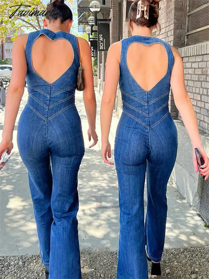 Backless Heart Cutout Bodycon Jumpsuit For Women Casual Sleeveless Slim One-Piece Outfits Retro Denim Jumpsuits New