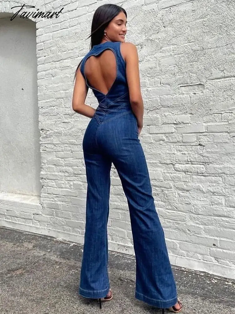 Backless Heart Cutout Bodycon Jumpsuit For Women Casual Sleeveless Slim One-Piece Outfits Retro Denim Jumpsuits New