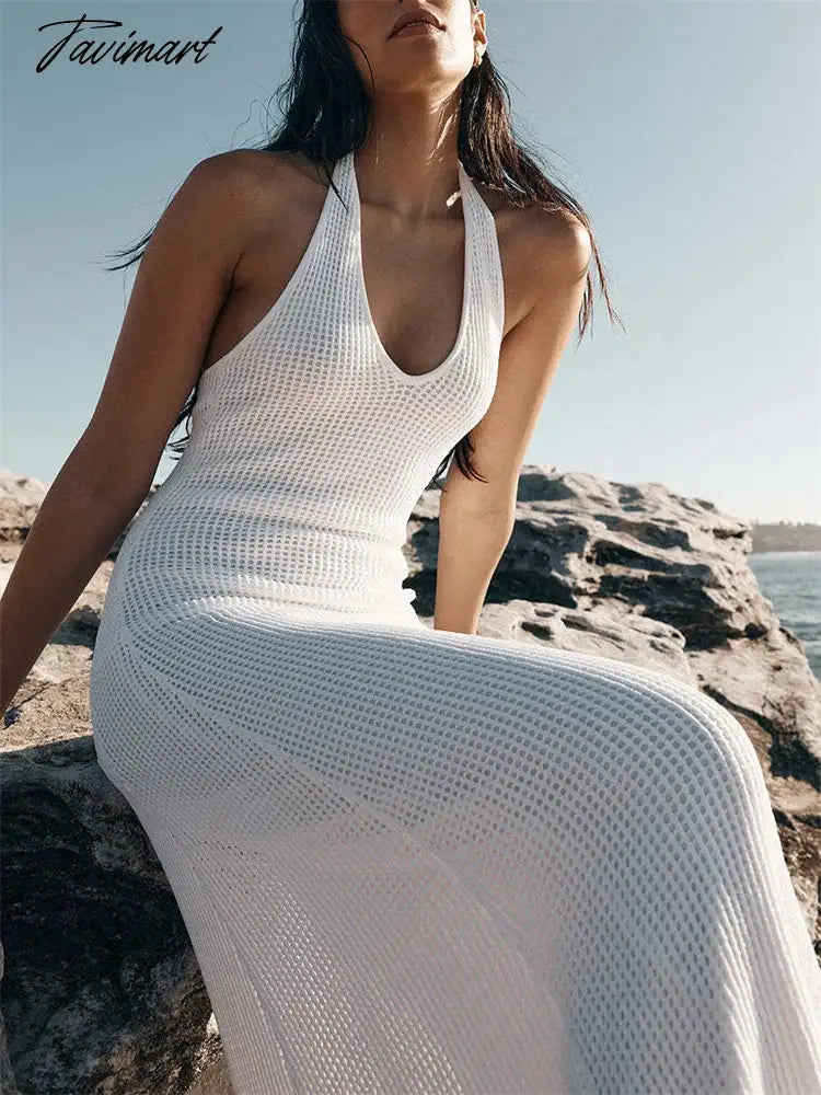 Backless Knit Hollow Out Maxi Dress For Women Slim Casual Beach Holiday Dress Elegant Knitwear High Street Party Dress