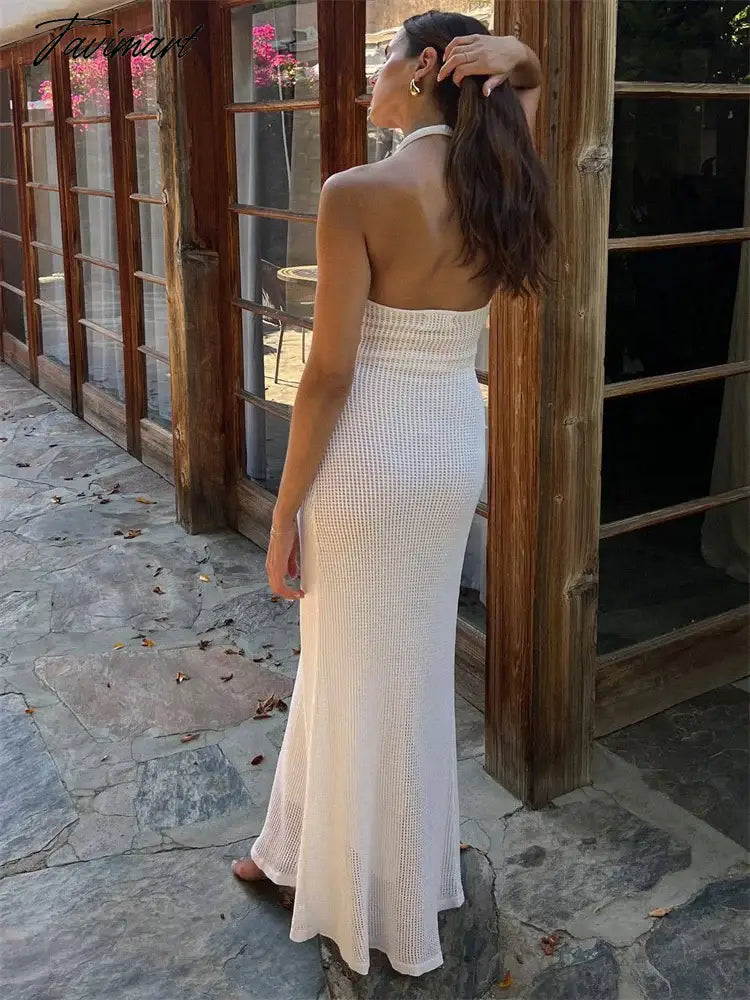 Backless Knit Hollow Out Maxi Dress For Women Slim Casual Beach Holiday Dress Elegant Knitwear High Street Party Dress