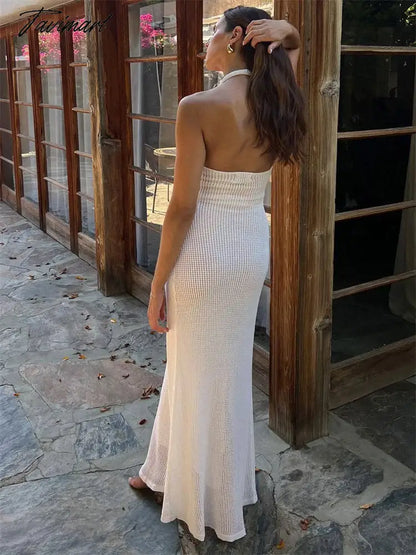 Backless Knit Hollow Out Maxi Dress For Women Slim Casual Beach Holiday Dress Elegant Knitwear High Street Party Dress