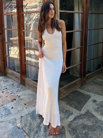Backless Knit Hollow Out Maxi Dress For Women Slim Casual Beach Holiday Dress Elegant Knitwear High Street Party Dress