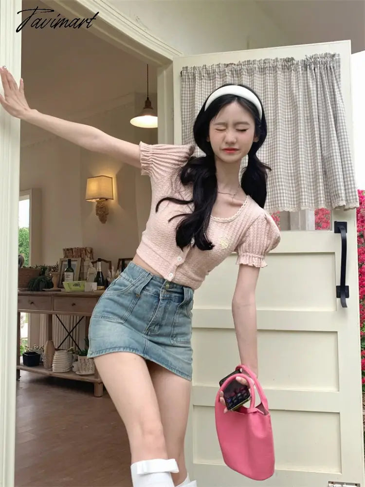 Backless Lace-up Design Tees Puff Sleeved T-shirts O Neck Crop Y2k Tops Summer Camisetas Korean Fashion Ropa De Mujer