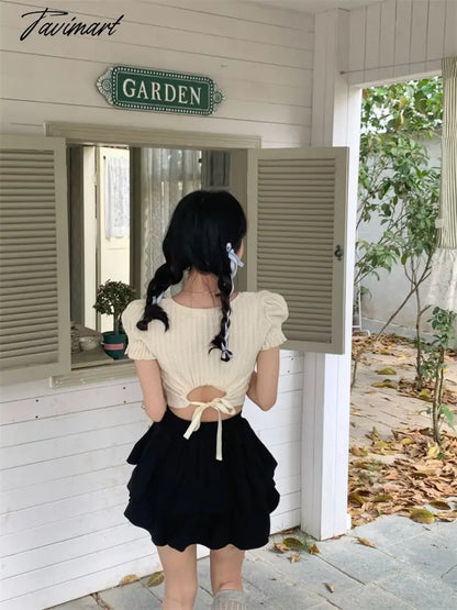 Backless Lace-up Design Tees Puff Sleeved T-shirts O Neck Crop Y2k Tops Summer Camisetas Korean Fashion Ropa De Mujer